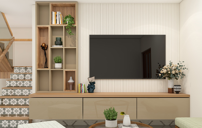 Modern TV unit with fluted panelled wall and glossy laminate console