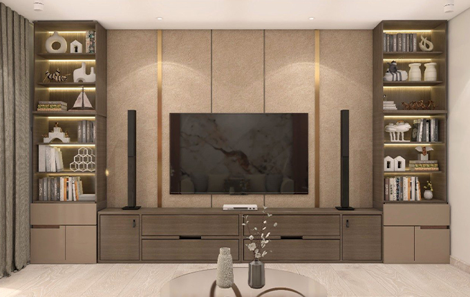 Modular TV unit design with drawers and shelves on both sides